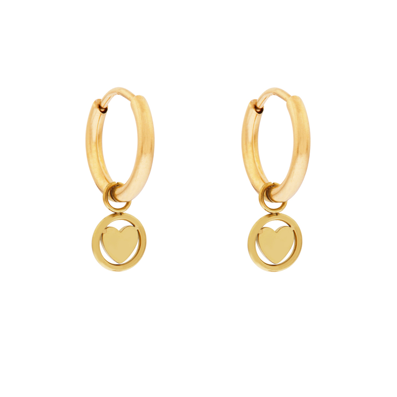 Oorbellen klein met hanger rondje met hartje goud Oorbellen klein met hanger rondje met hartje goud