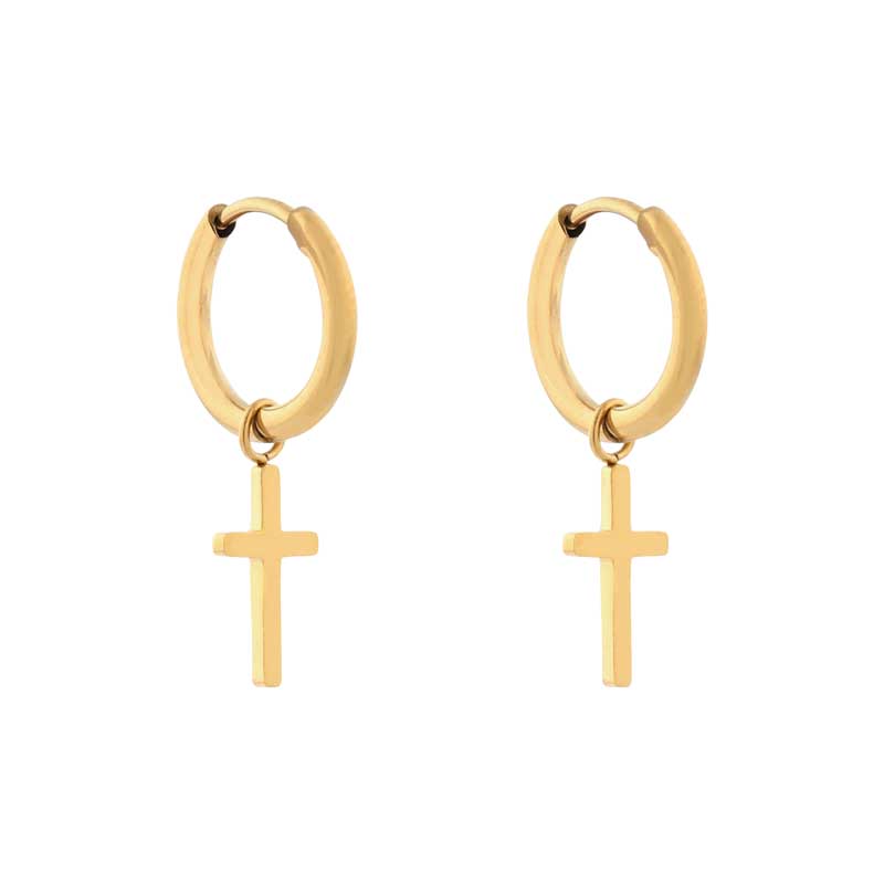 Oorbellen klein met hanger kruis traditioneel goud